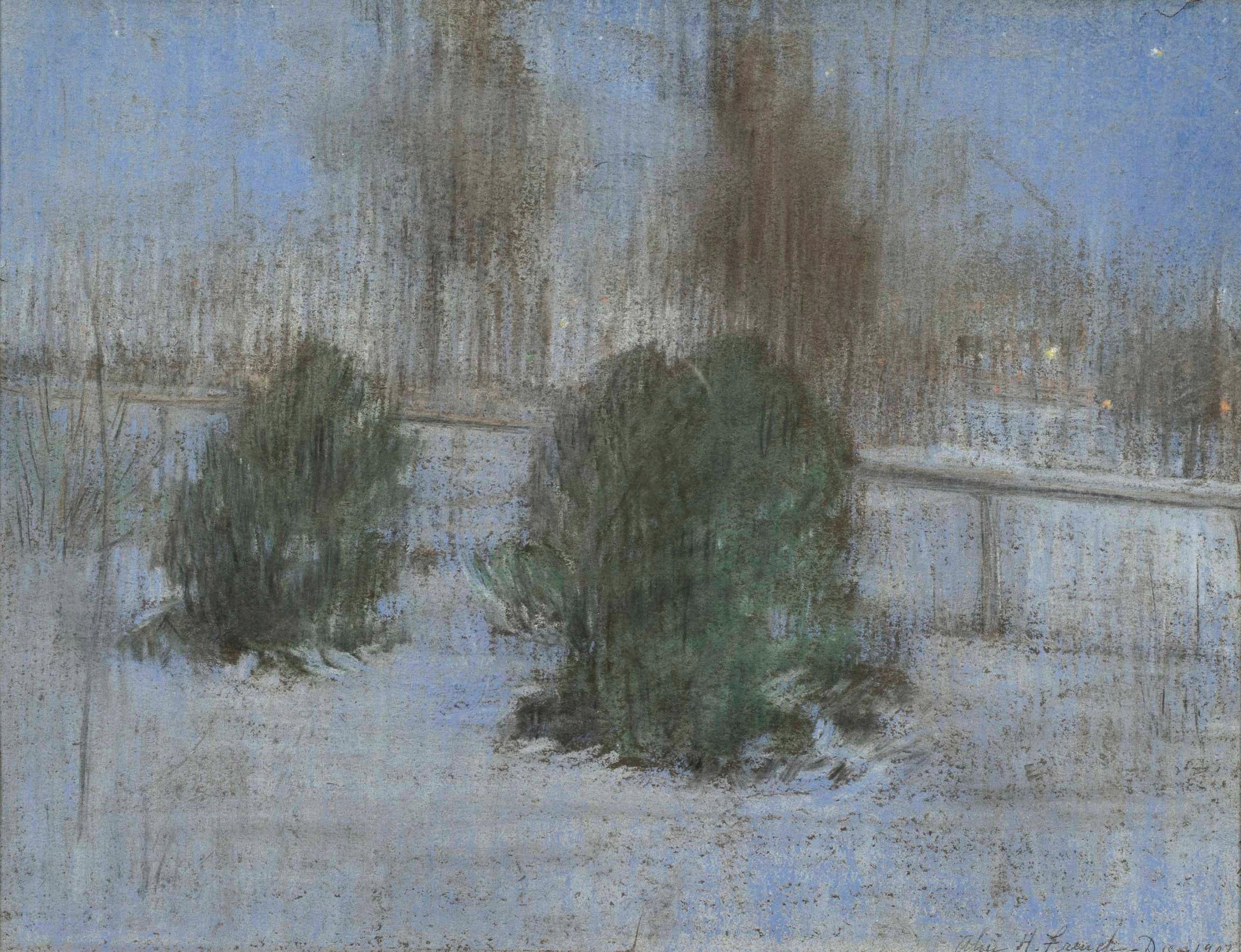 Evening Snow Scene by Alice Helm French (1864-c.1953, American)

Alice Helm French (1864-c.1953)
Evening Snow Scene
Pastel on paper
9 1/2 x 12 inches (Sight Size)
Signed and dated Dec 1902, lower right