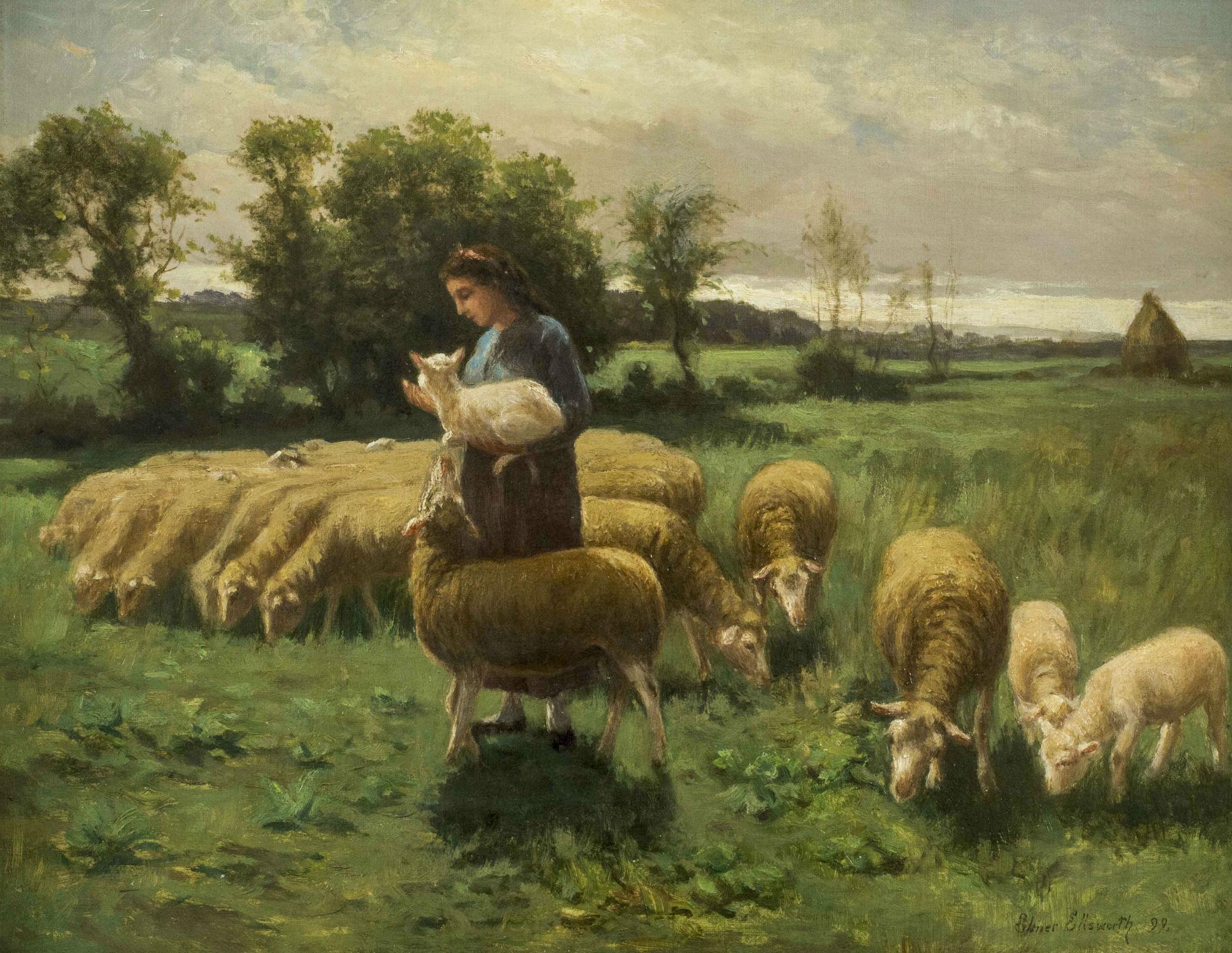 Elmer Ellsworth Garnsey (1862-1946)
Shepherdess in a Field, 1899
Oil on canvas
14 x 18 inches
Signed and dated, lower right

Elmer Ellsworth Garnsey was born in 1862 to John C. and Louisa J. (Fenton) Garnsey in Holmdel, New Jersey. He completed his