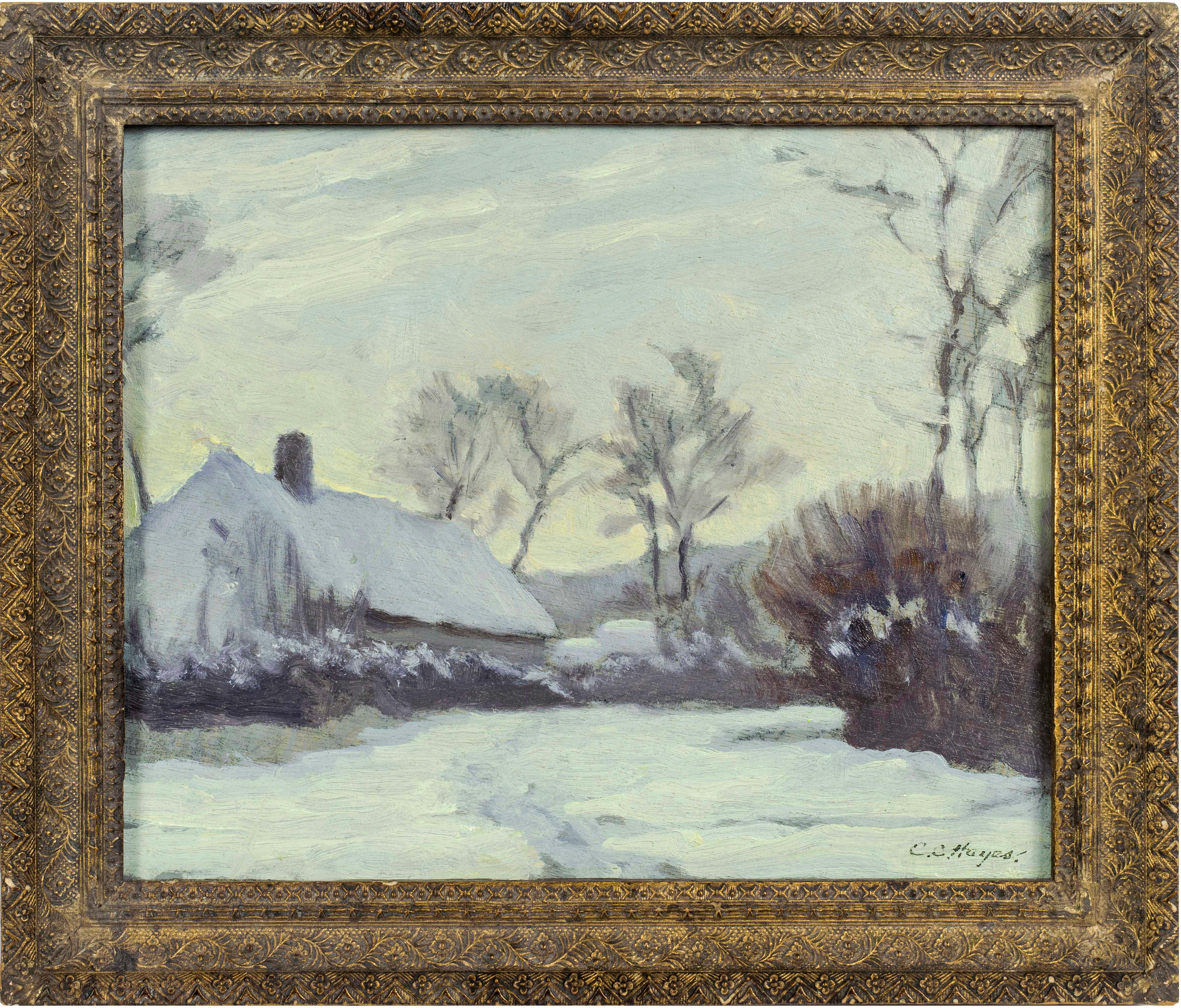 Picardy, a Tonalist snow scene by Chester C. Hayes (1867-1947, American)

Chester C. Hayes
Picardy
Oil on board
7 1/4 x 9 inches
Signed lower left

Chester Hayes was born in 1867 in Canandaigua, New York. His father, Joseph, was a local physician.