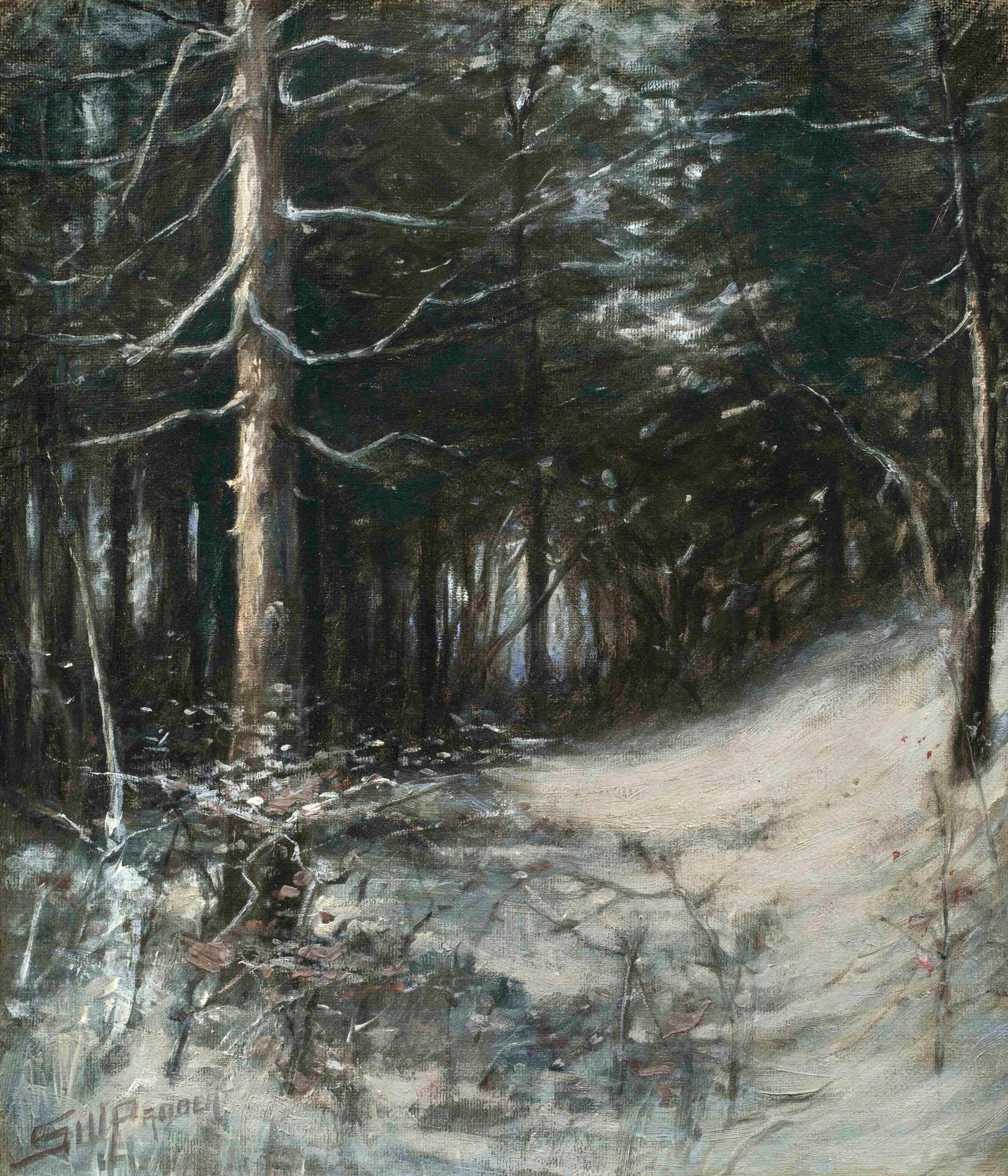 Impressionist snow scene, Winter Forest by Sidney Probert (1865-1919, American)

Sidney Probert (1865-1919)
Winter Forest
Oil on canvas
14 x 12 inches
Signed lower left






