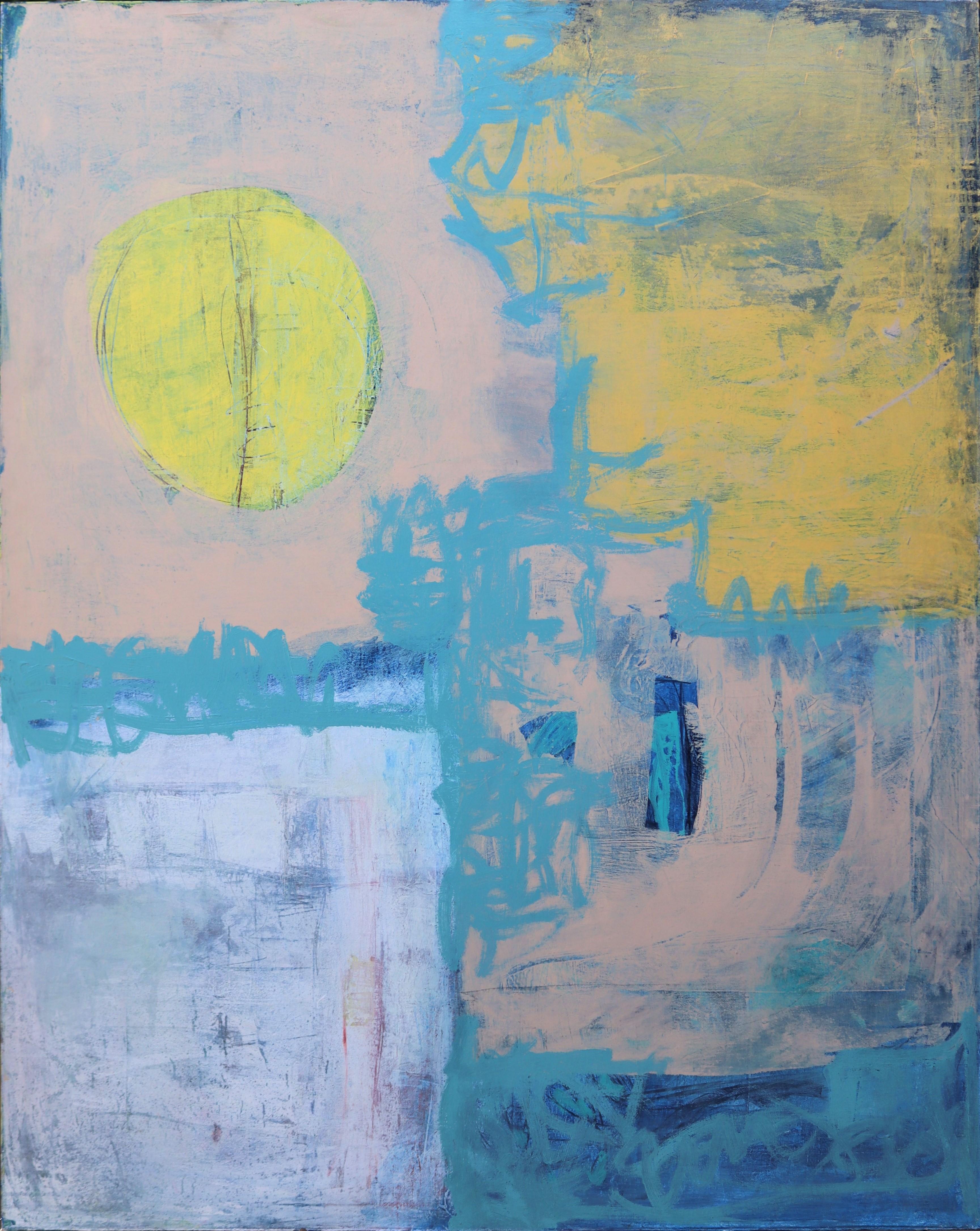 Tom Reno - "Abstract with Yellow Sun" Large Abstract Blue Pink Yellow  Gestural Geometric For Sale at 1stDibs