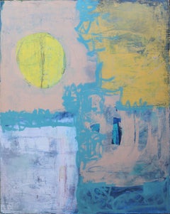 "Abstract with Yellow Circle"  Large Blue Pink Yellow Gestural Geometric