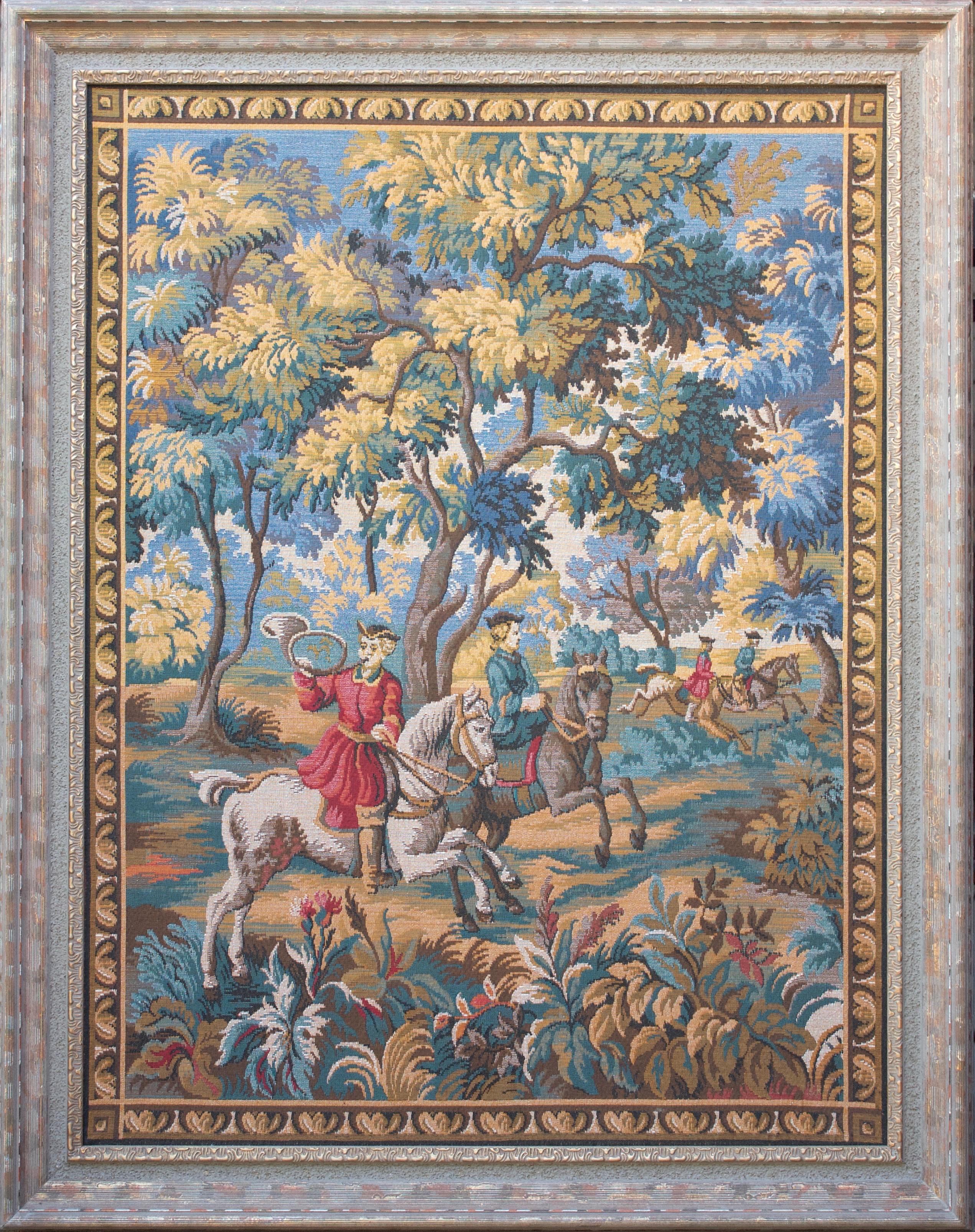 Aubusson Style French Jacquard Tapestry with Hunting Scene - Art by Unknown