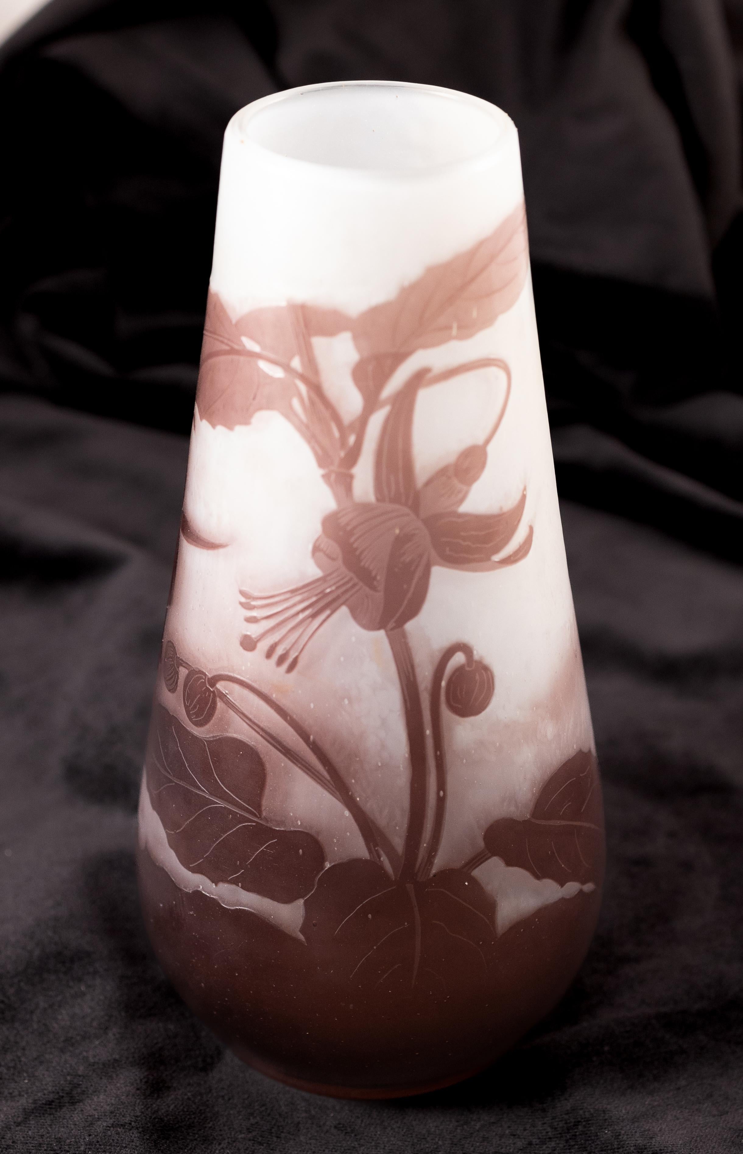 Émile Gallé  (French, 1846 - 1904)
Title:                       Art Nouveau Glass Vase Fuschias
Medium:                           Cameo Glass Vase
Size:        
Height                         8.5 inches
Diameter at Base             3.5