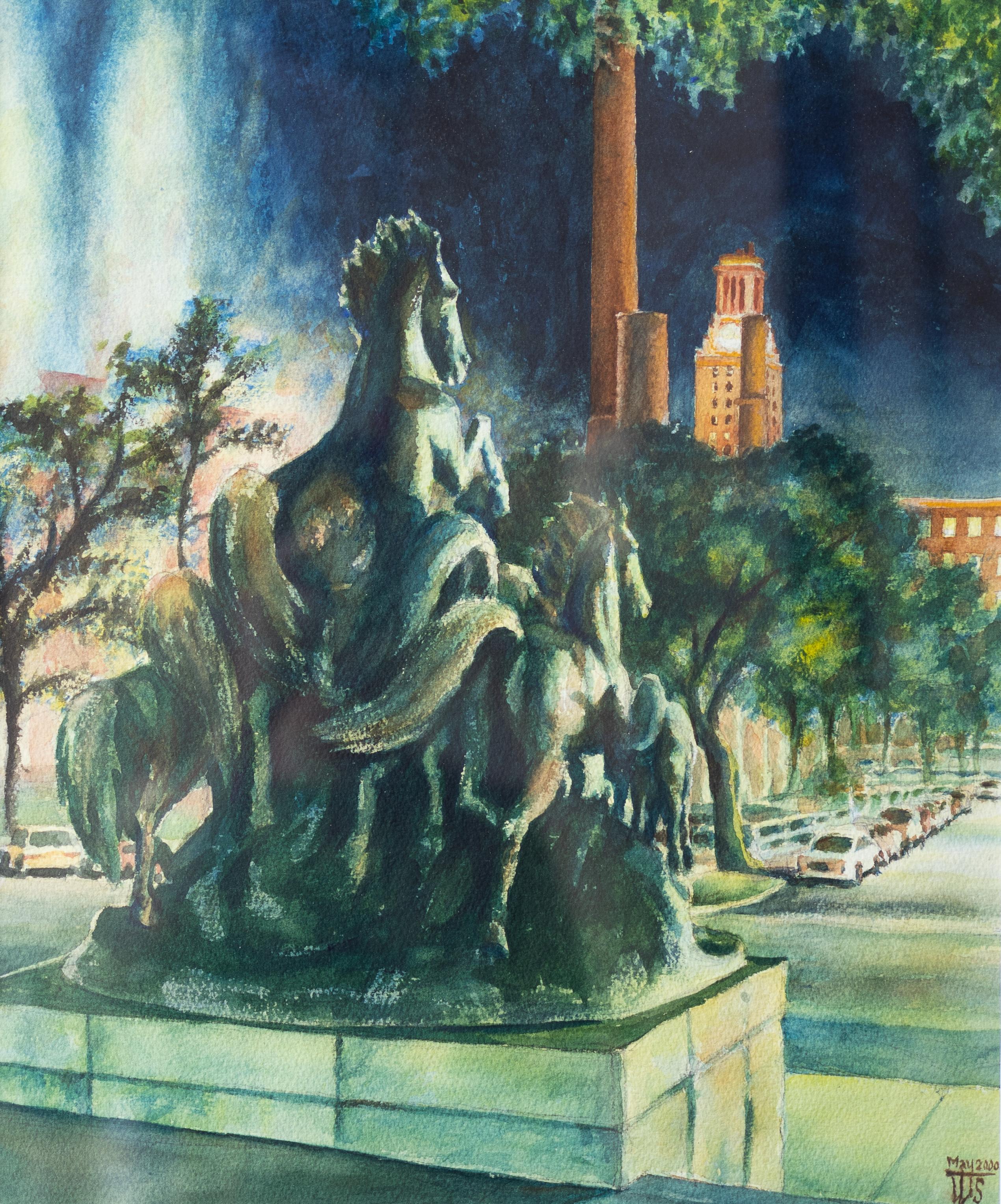 Tom Shefelman Landscape Art - "Mustangs Arise" Scene with Tower at University of Texas at Austin