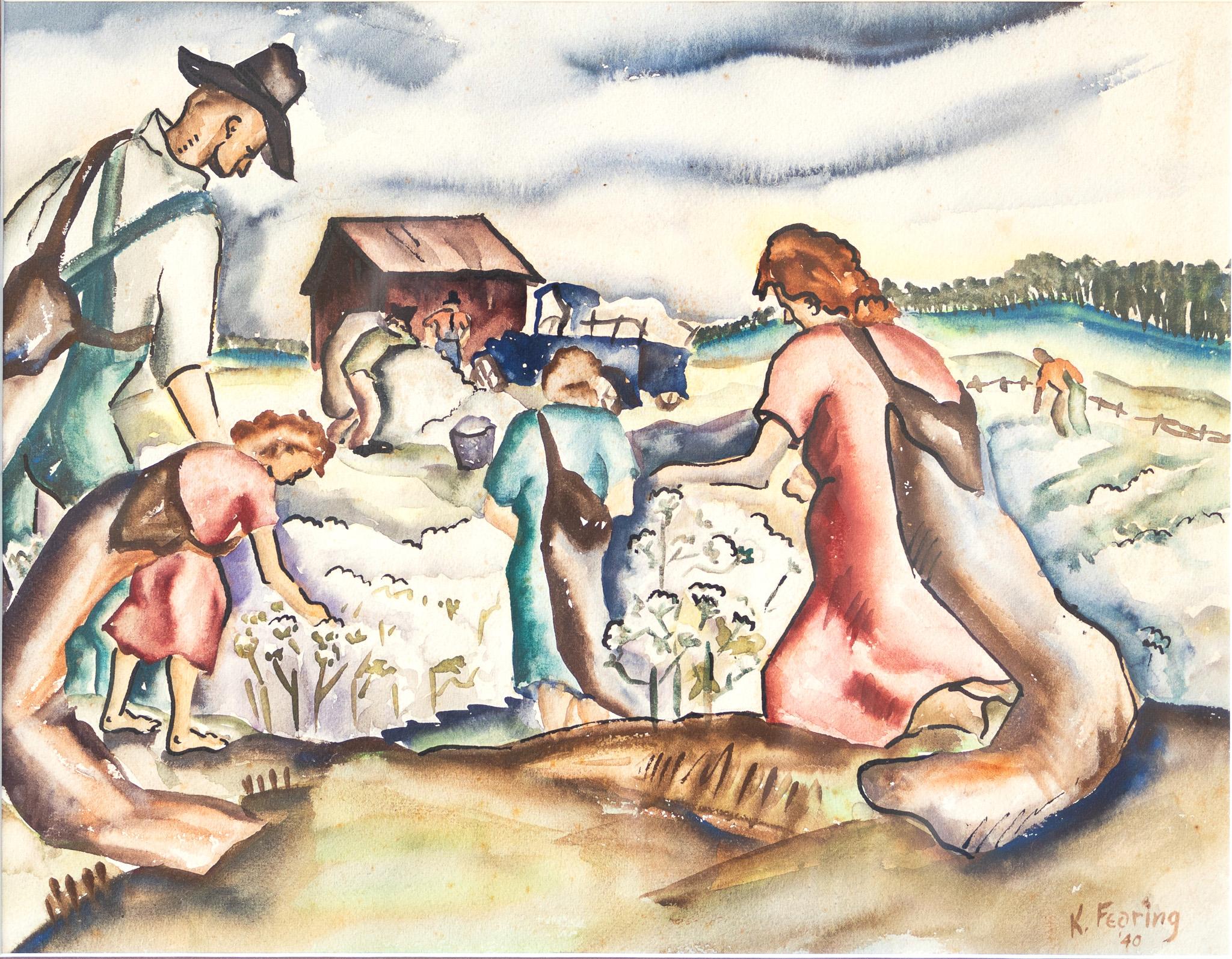 Kelly Fearing Figurative Art - "Sharecroppers" Watercolor Scene of Laborers Working in a Cotton Field