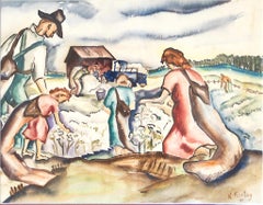 „Sharecroppers“ Aquarellszene mit Arbeitern auf einem Baumwollfeld