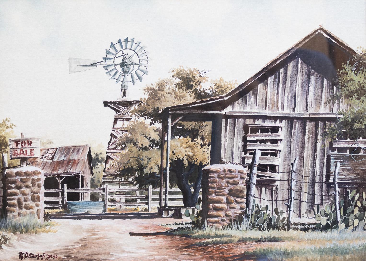 Rick Morris Patterson Landscape Art – Bauernhof mit Windmühle und Scheune