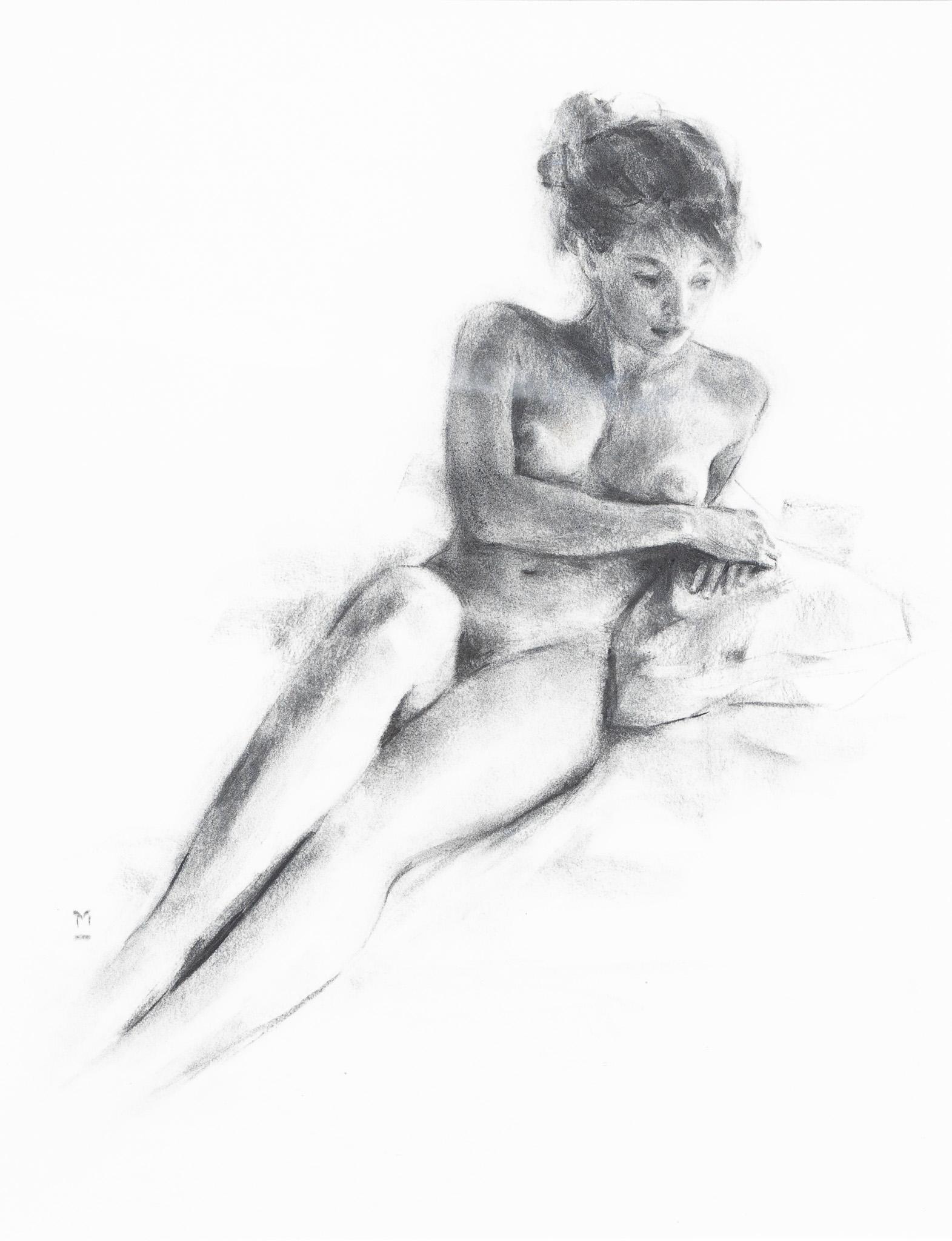 "Lounging Nude Woman" Charcoal Drawing - Art by Miles Mathis