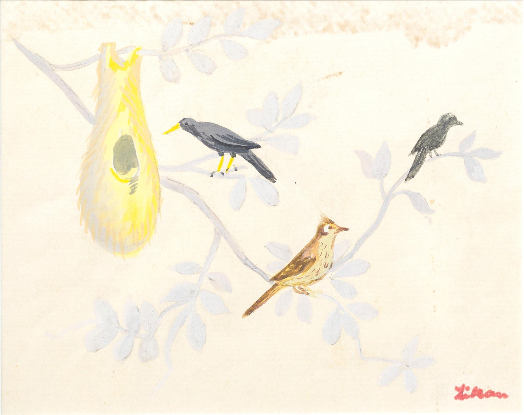 Gustav Likan Animal Art - "Three Perched Birds"