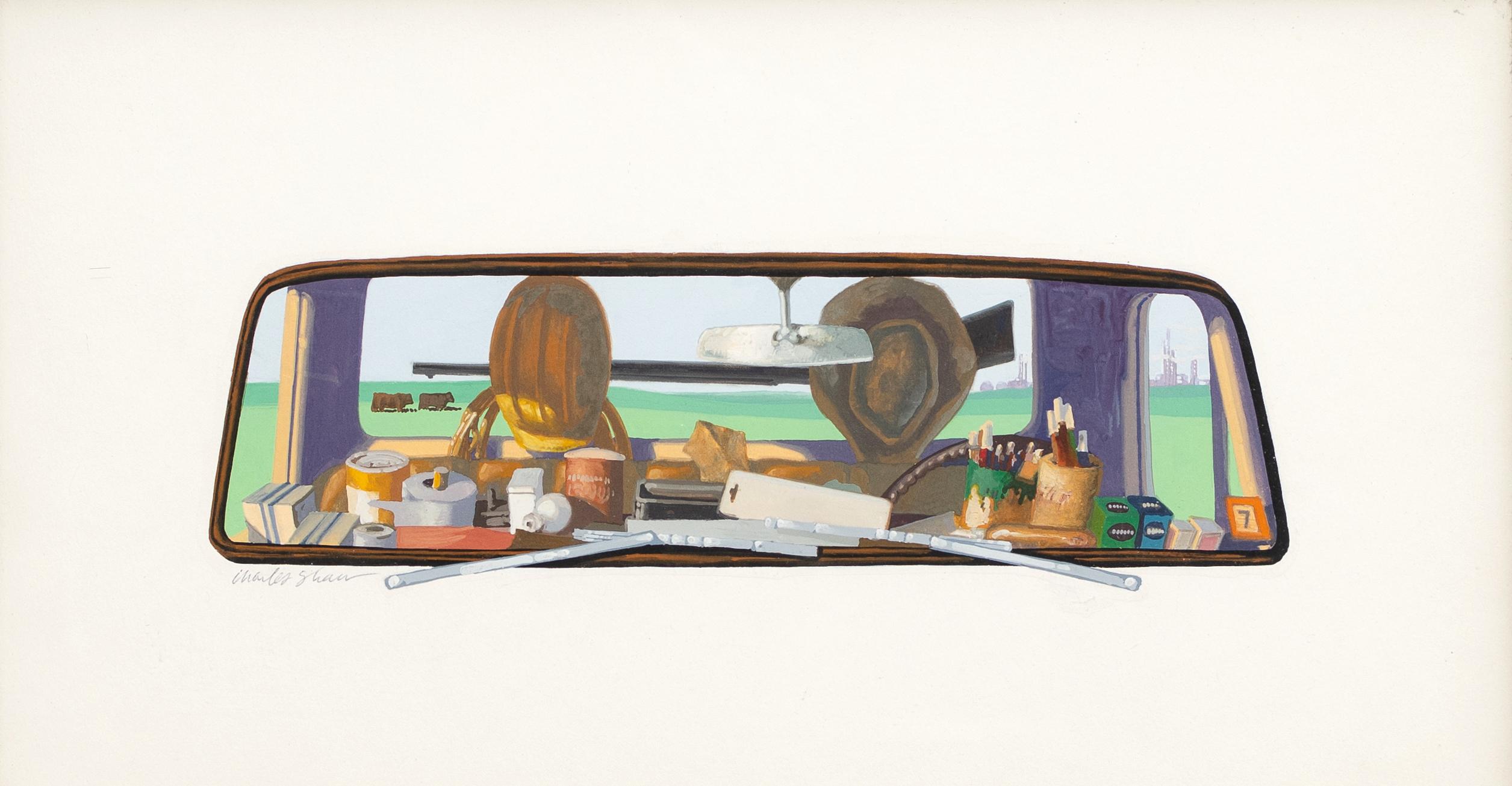 "Windshield View" Still Life Cowboy Hat Helmut Markers Car Truck Mirror Cows - Art by Charles Shaw