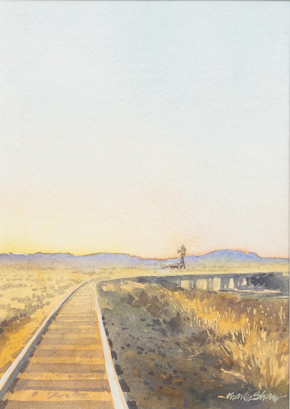 Charles Shaw Landscape Art – „Landschaft mit Eisenbahn“ Zug tracks Dusk Sunset Goldene Stunden Himmels Schatten 