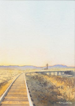 Vintage "Landscape with Railroad" Train Tracks Dusk Sunset Golden Hour Sky Shadows 