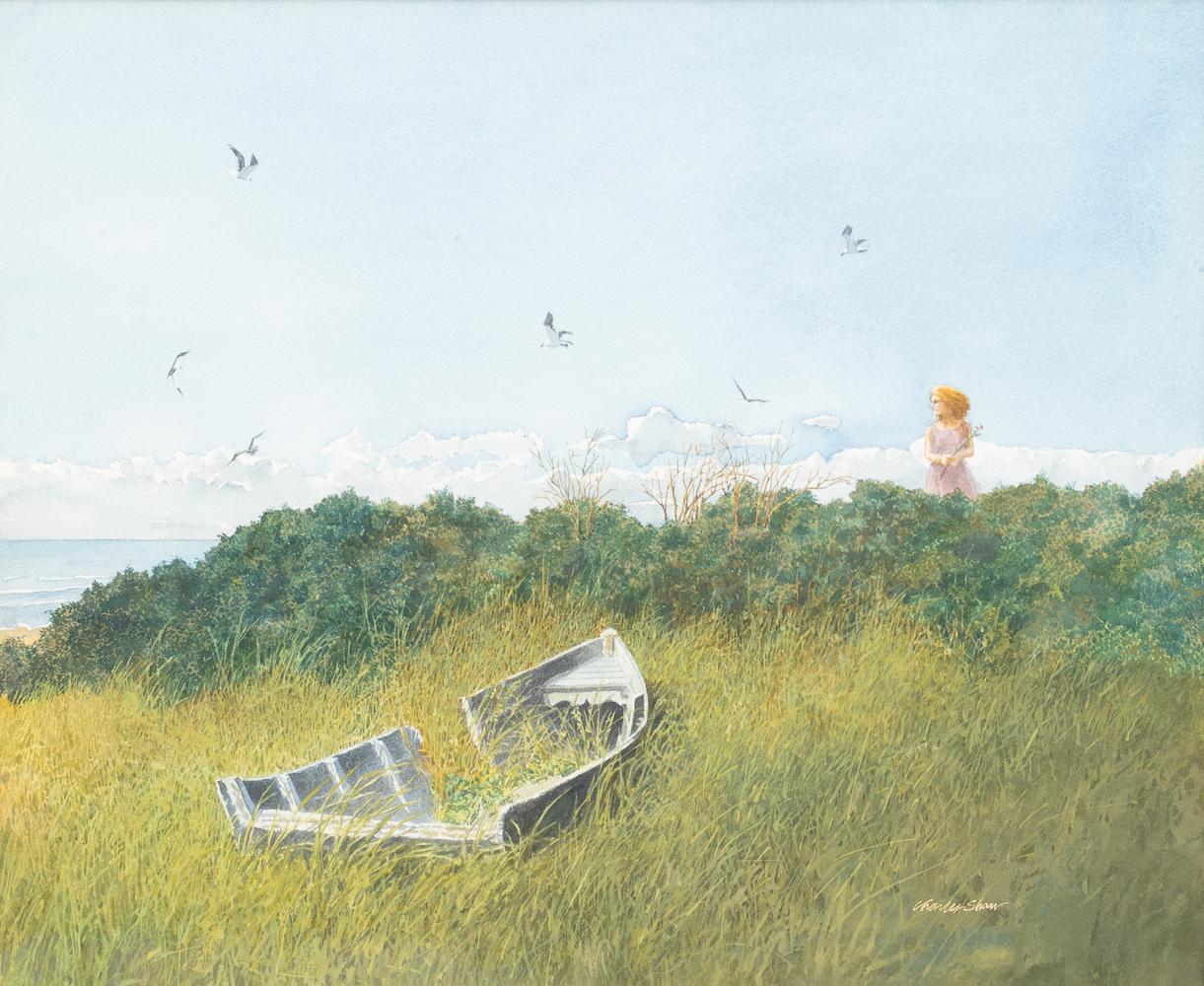 Charles Shaw Landscape Art – „Coastal Landscape with Beached Row Boat“ Blaues blaues Himmelgrünes Gras Mädchen Strandgras