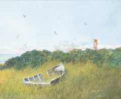 "Coastal Landscape with Beached Row Boat" Blue Sky Green Grass Girl Beach Grass