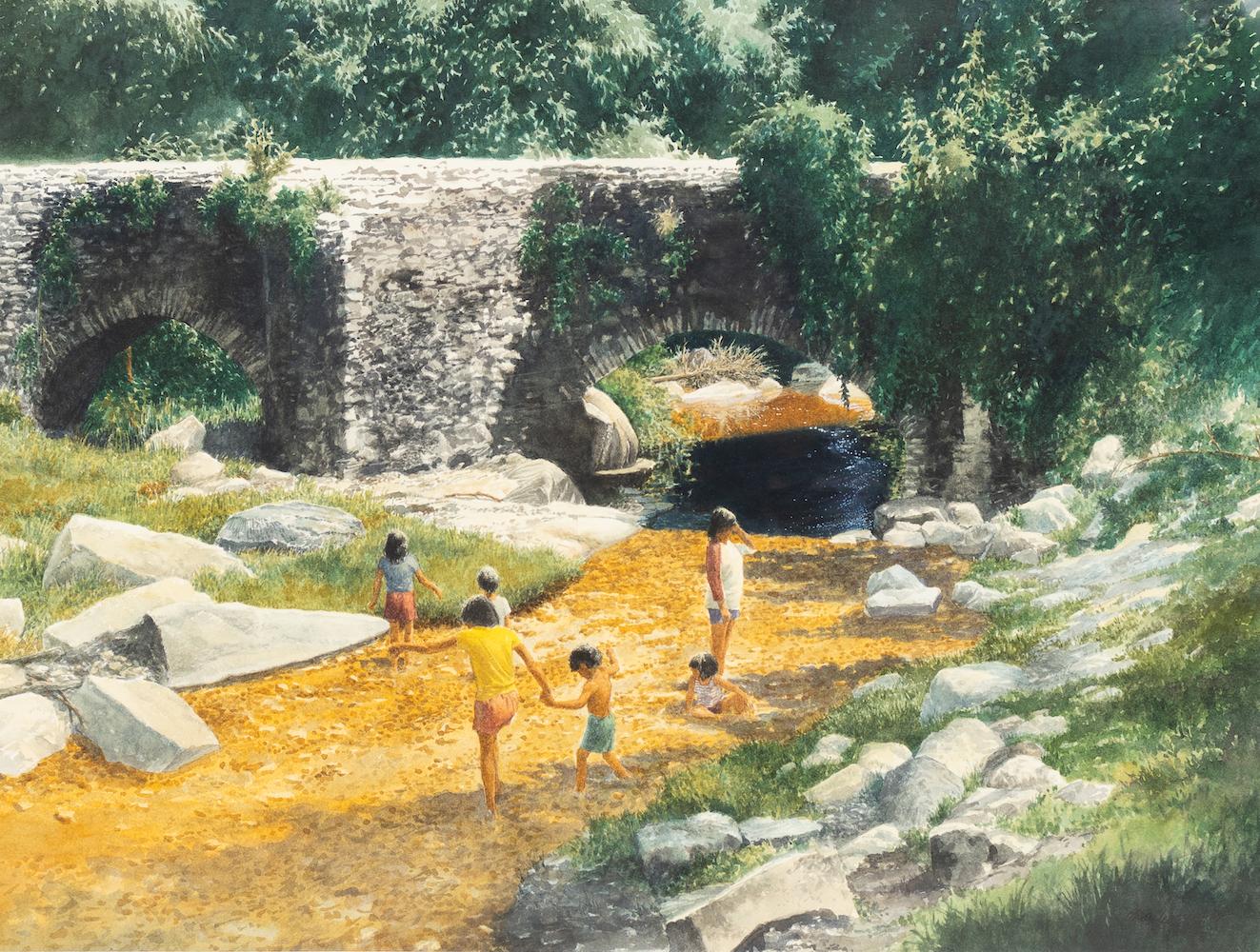 Landscape Art Charles Shaw - « Children in a Creek » - Paysage ensoleillé ludique, pont d'eau, forêt, rochers heureux