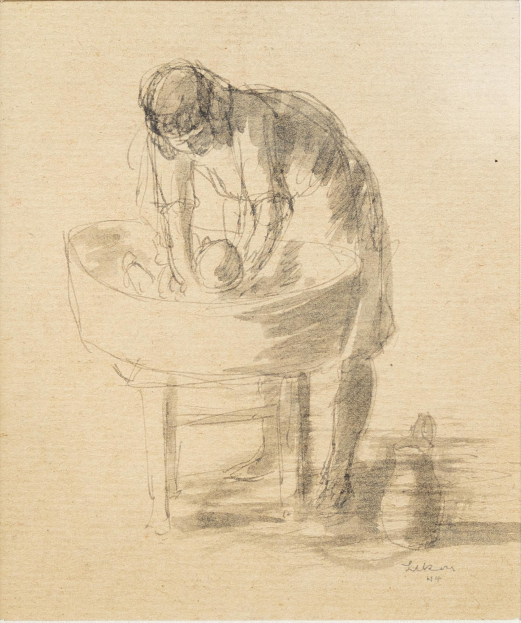 Mother and Child in Cradle Sketch - Art by Gustav Likan