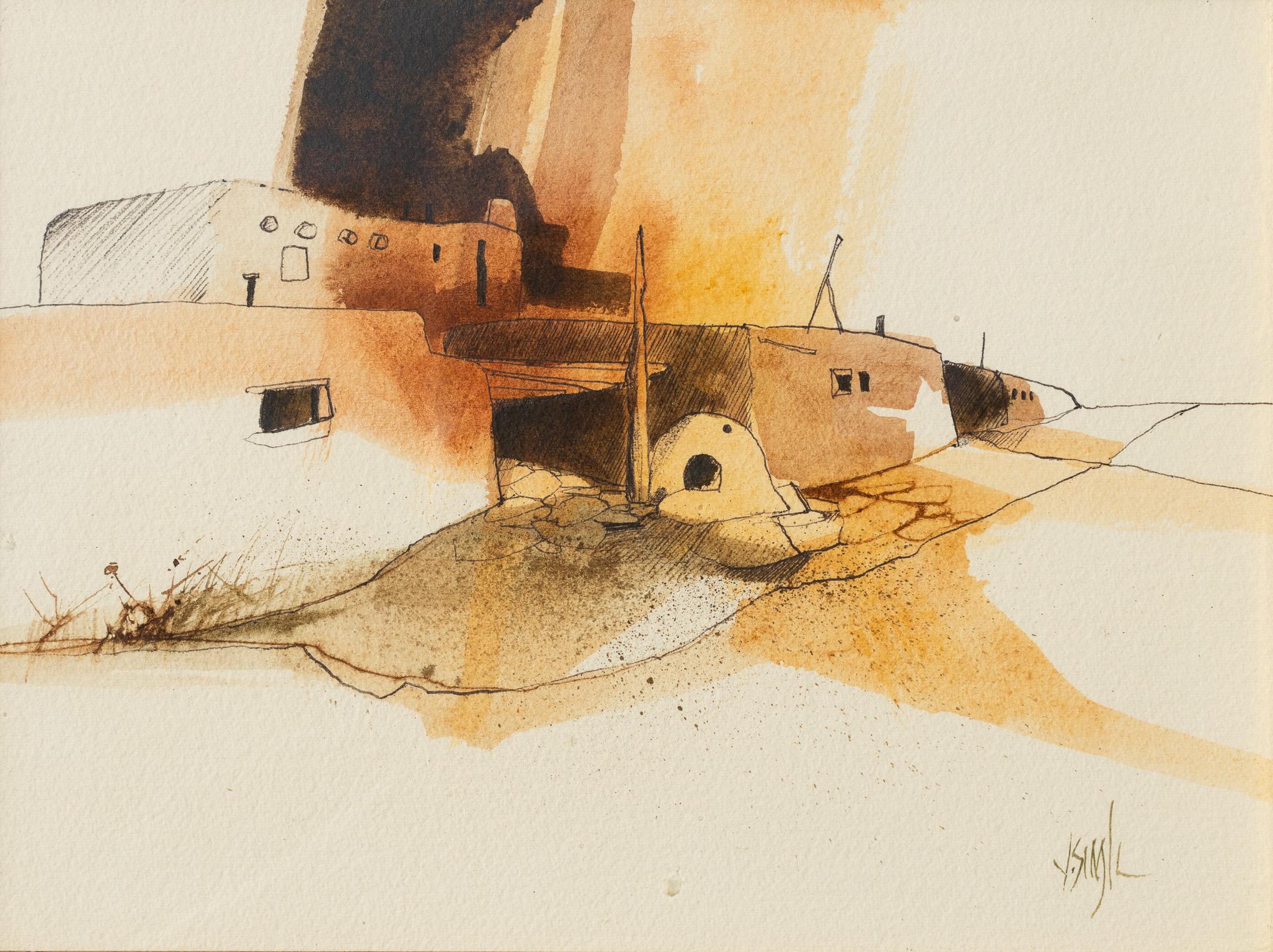 Jerry Seagle Landscape Art - Pueblos in a Desert Landscape Watercolor and Ink Painting