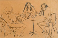„Conversation with Friends“-Linienzeichnung von drei Menschen an einem Tisch, die sich unterhalten