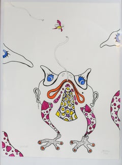 "Survival" Grenouille chassant la mouche Dessin à l'encre fait à la main d'animaux de la forêt tropicale