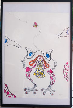 "Survival" rana a caccia di mosche Disegno a inchiostro colorato fatto a mano di animali della foresta pluviale