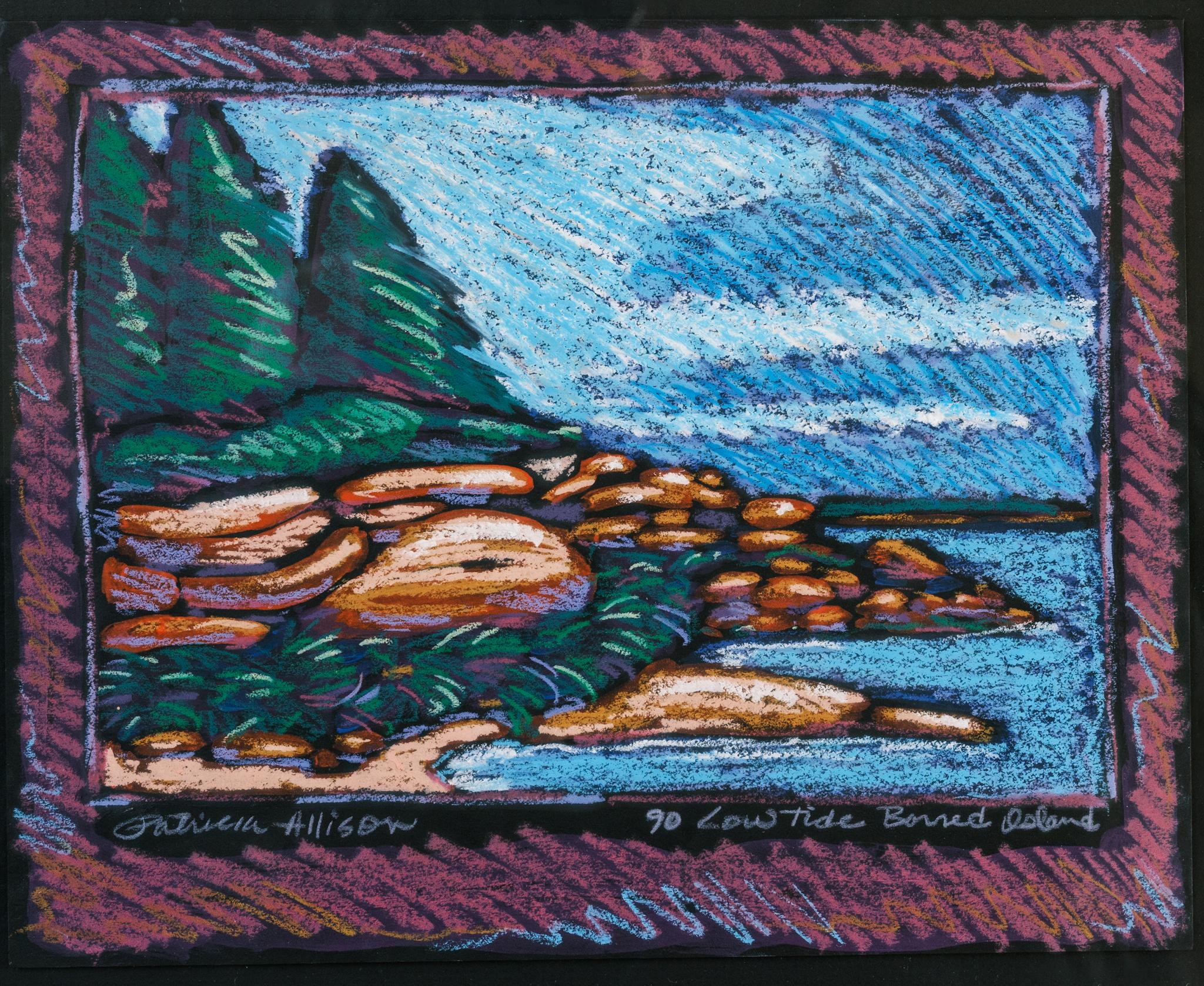 Patricia Allison Landscape Art – "90 Low Tide Barred Island" Kleines Pastell Meereslandschaft Maine Deer Island Pines Meer