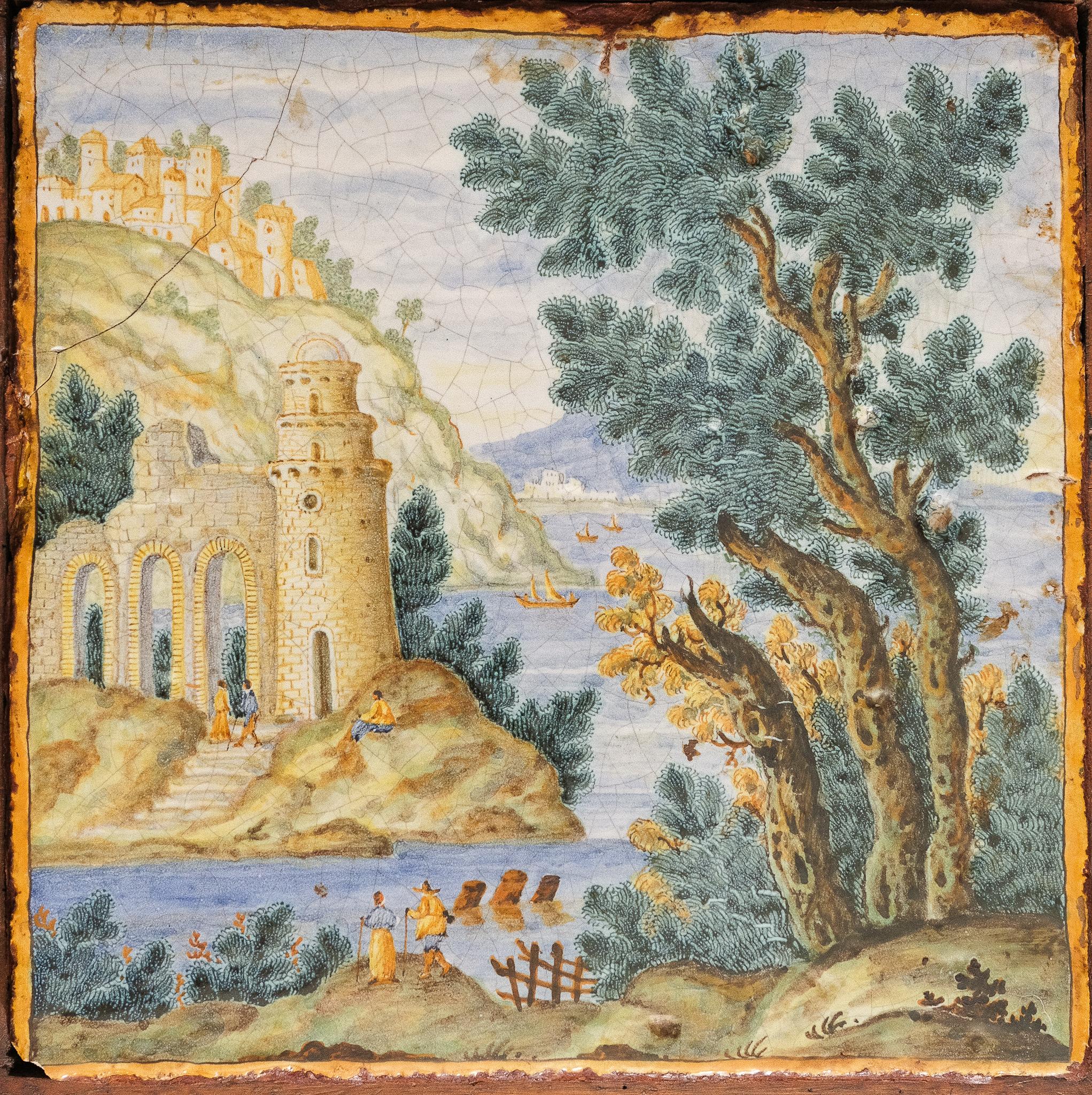 Plaque Castelli Maiolica avec château médiéval Village Italie Arbres méditerranéens - Art de Unknown