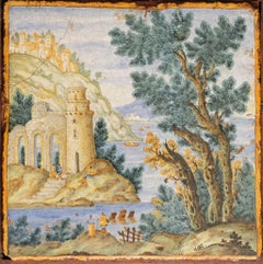 Castelli Maiolica Plaque with Medieval Castle Village Italy Mediterranean Trees