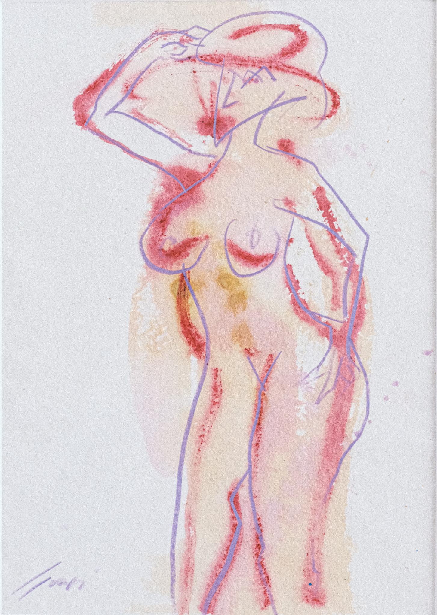 Figurative Art di Pep Suari - "Nudo con cappello" Studio di ritratto di figura gestuale con lavaggi arancioni, rossi e viola