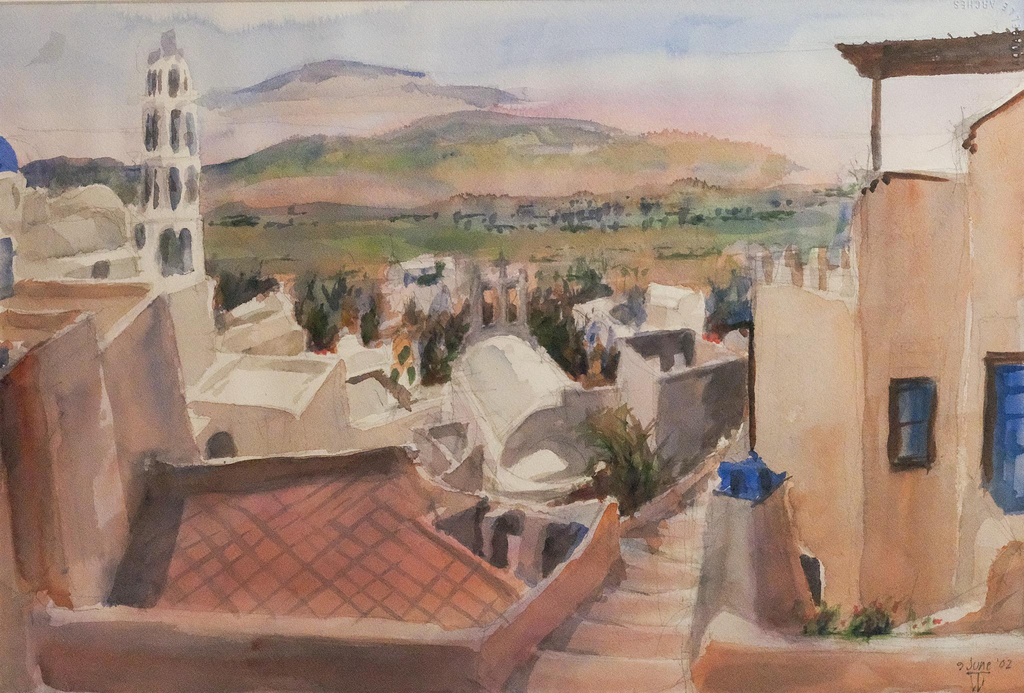 Landscape Art di Tom Shefelman - "Pyrgos Beyond" Acquerello di Townes in Grecia Architettura Montagne