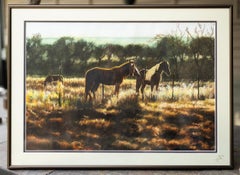 "Family Farm" Watercolor of Landscape with Horses in a Western Pasture at Dawn