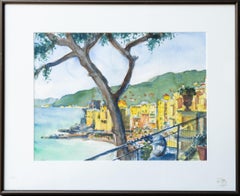 "Camogli" Watercolor Landscape of Italy Coastal Ocean Mountains Trees Beach Sand