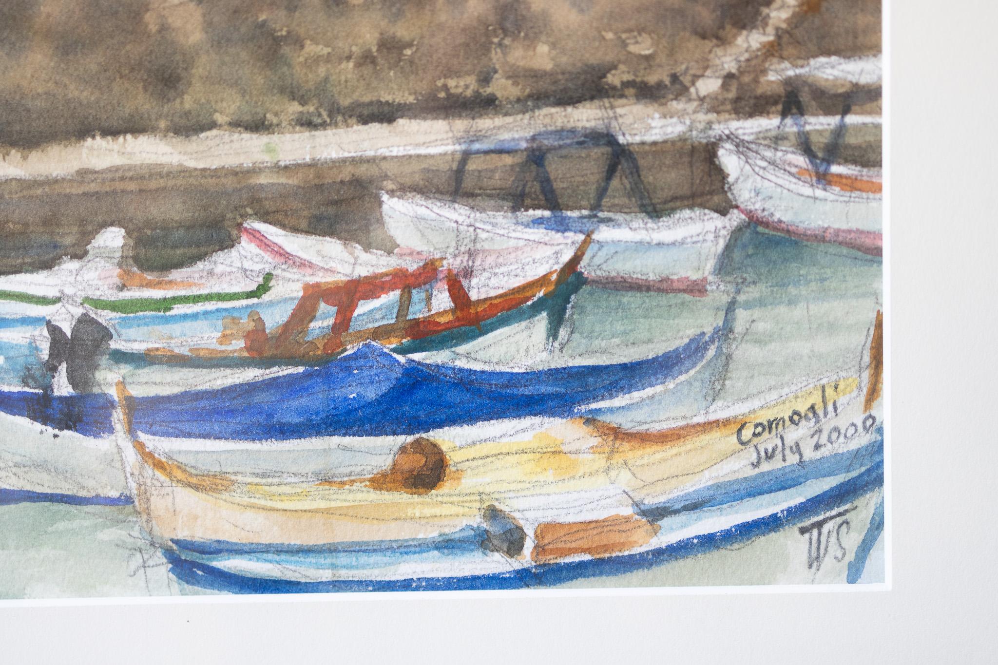 « Avant la tempête » - Vue de la côte italienne depuis un bateau  - Gris Landscape Art par Tom Shefelman