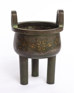 Chinese Silver Wire Inlaid Bronze Archaistic Ding Vessel, Qing Dynasty