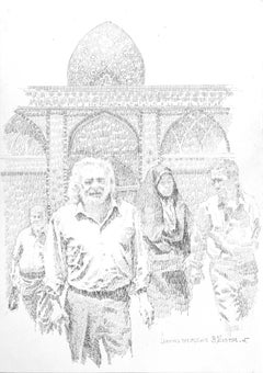 Quatre personnages près d'une mosquée