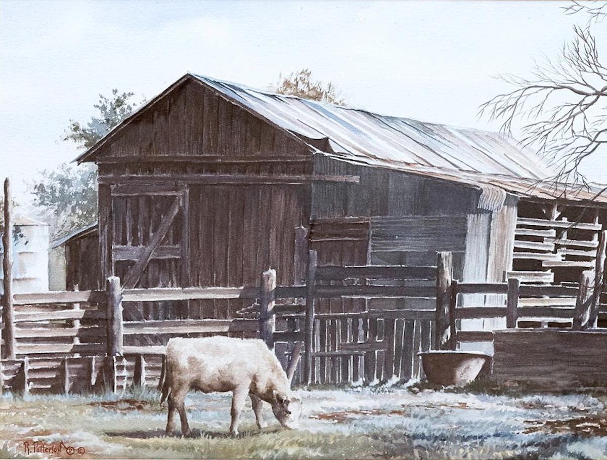 Rick Morris Patterson Landscape Art - "Barn and Grazing Cow" Western Watercolor Scene