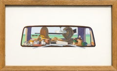 "Windshield View" Still Life Cowboy Hat Helmut Markers Car Truck Mirror Cows