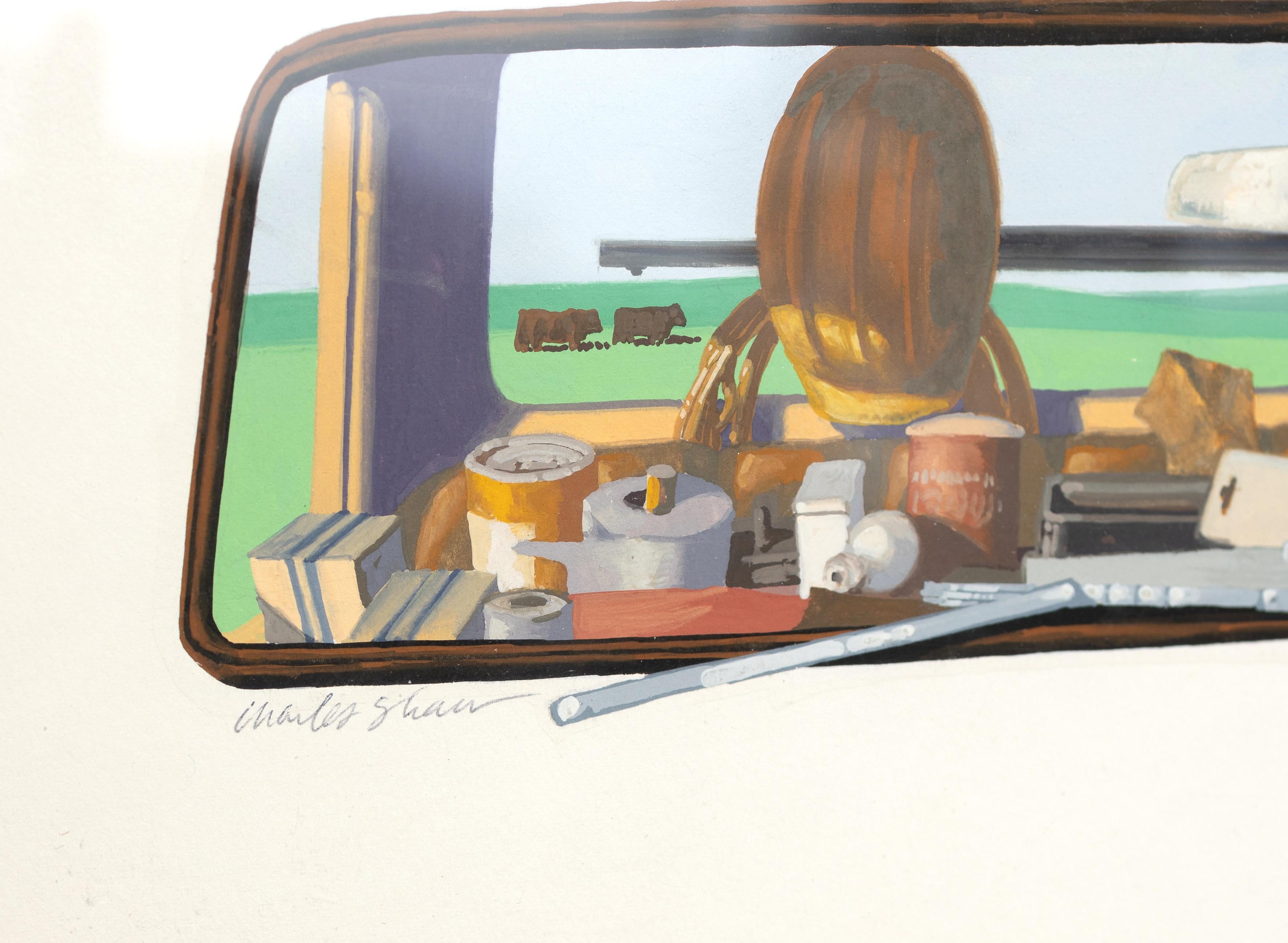 This still-life watercolor painting singles the portion of a scene visible through a windshield of a truck. Inside, an array of items sit on the dashboard. A cowboy had and a construction helmet as well as a gun hang on the back window of the truck.