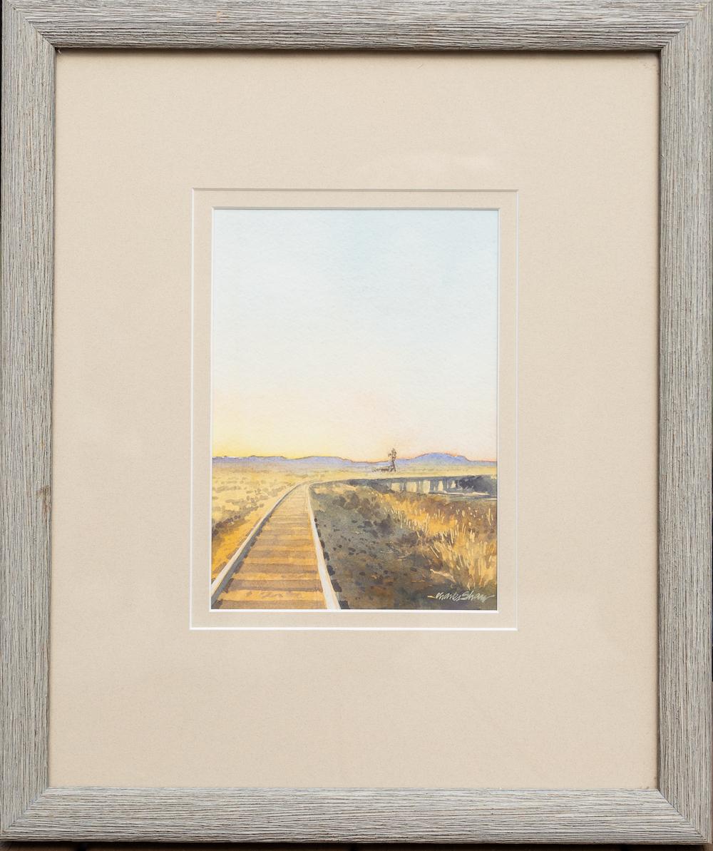 „Landschaft mit Eisenbahn“ Zug tracks Dusk Sunset Goldene Stunden Himmels Schatten  – Art von Charles Shaw