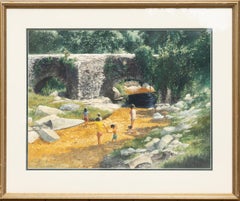 "Niños en un arroyo" Juguetón Paisaje soleado Puente de agua Bosque Rocas Feliz