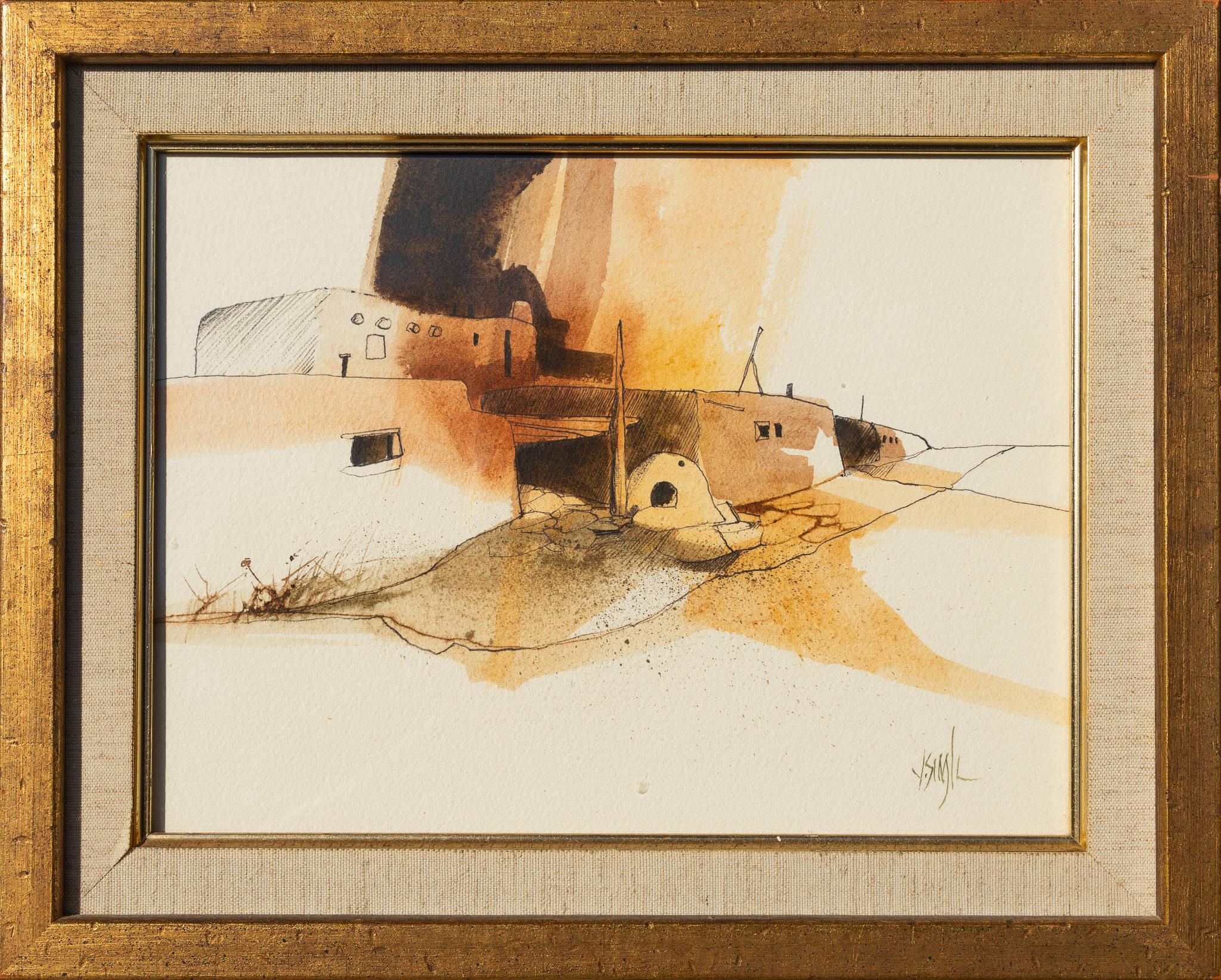 Pueblos in a Desert Landscape Watercolor and Ink Painting - Art by Jerry Seagle