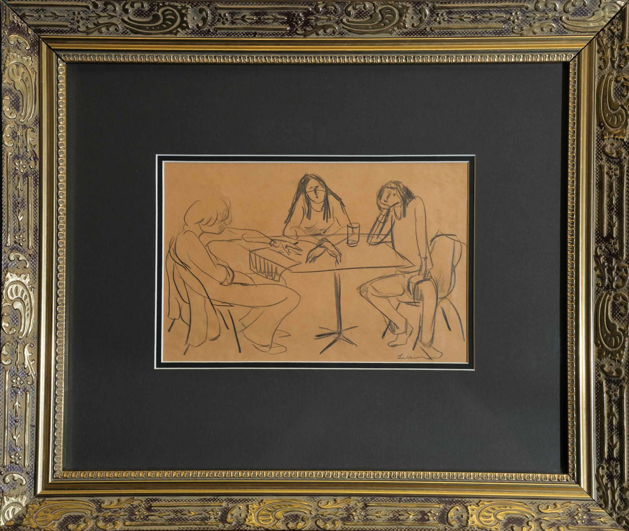 Dessin au trait de « conversation avec des amis » représentant trois personnes à une table socialisant - Art de Gustav Likan