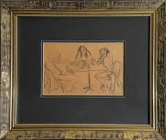 "Conversation with Friends" Line Drawing of Three People at a Table Socializing