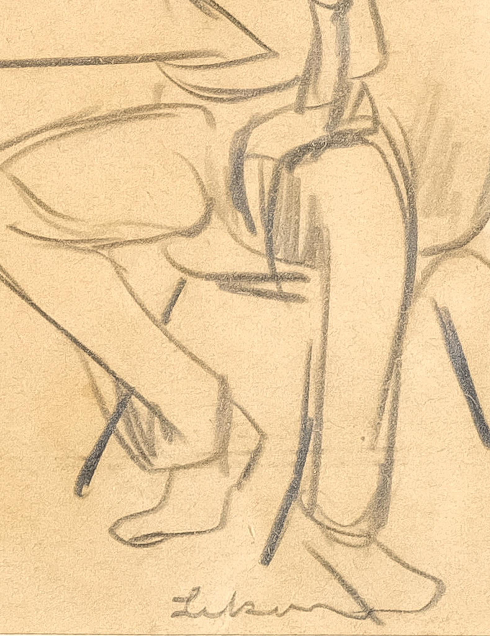 Dessin au trait de « conversation avec des amis » représentant trois personnes à une table socialisant - Orange Figurative Art par Gustav Likan