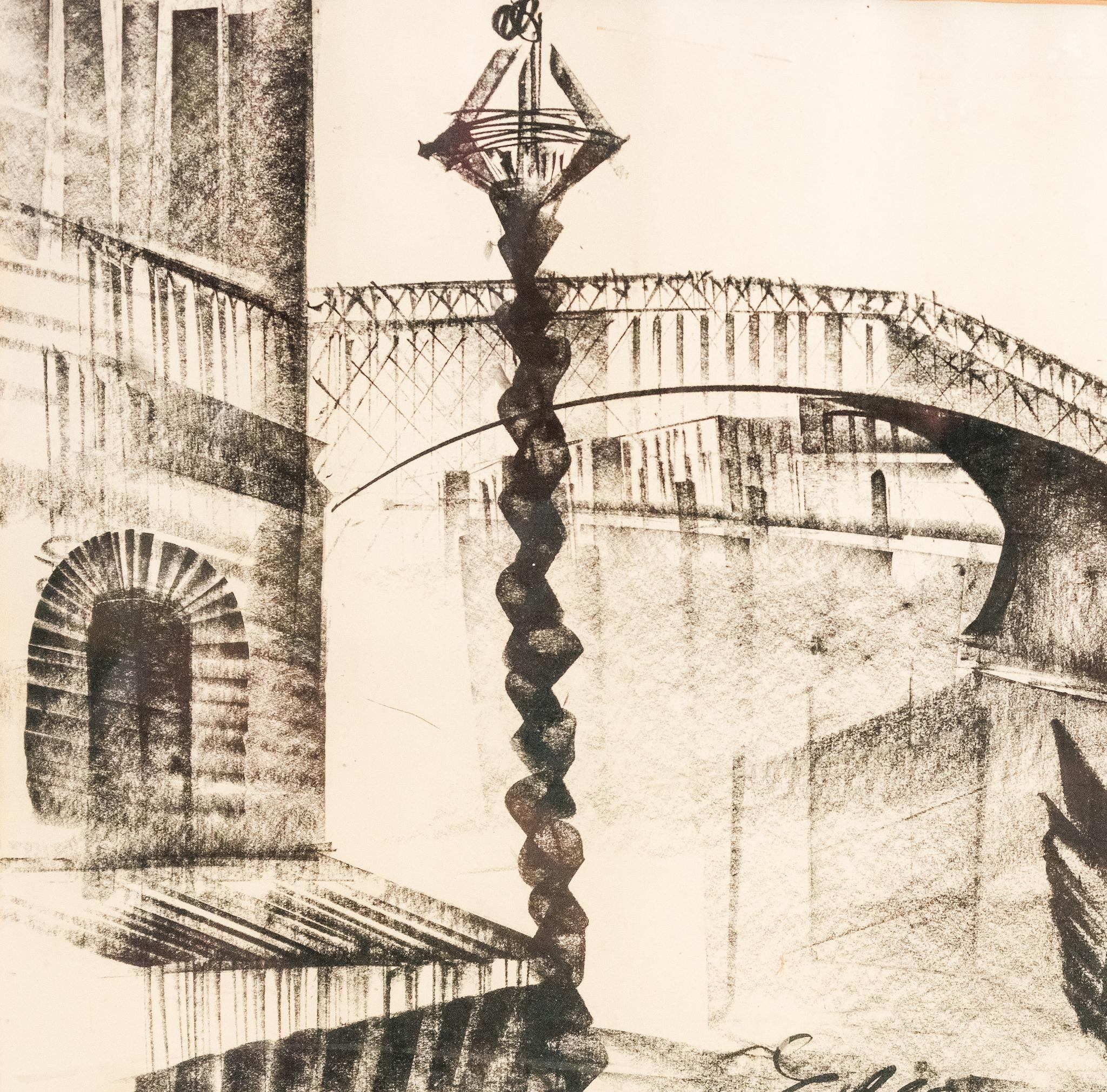 Page Size: 12 x 19 in.
Frame size: 18.25 x 25.25 in.
Signed, bottom middle.

A Plein Air charcoal drawing that depicts the Rialto Bridge in Venice, Italy, with an expressionistic approach. The scene is rendered in fresh, gestural marks to create a