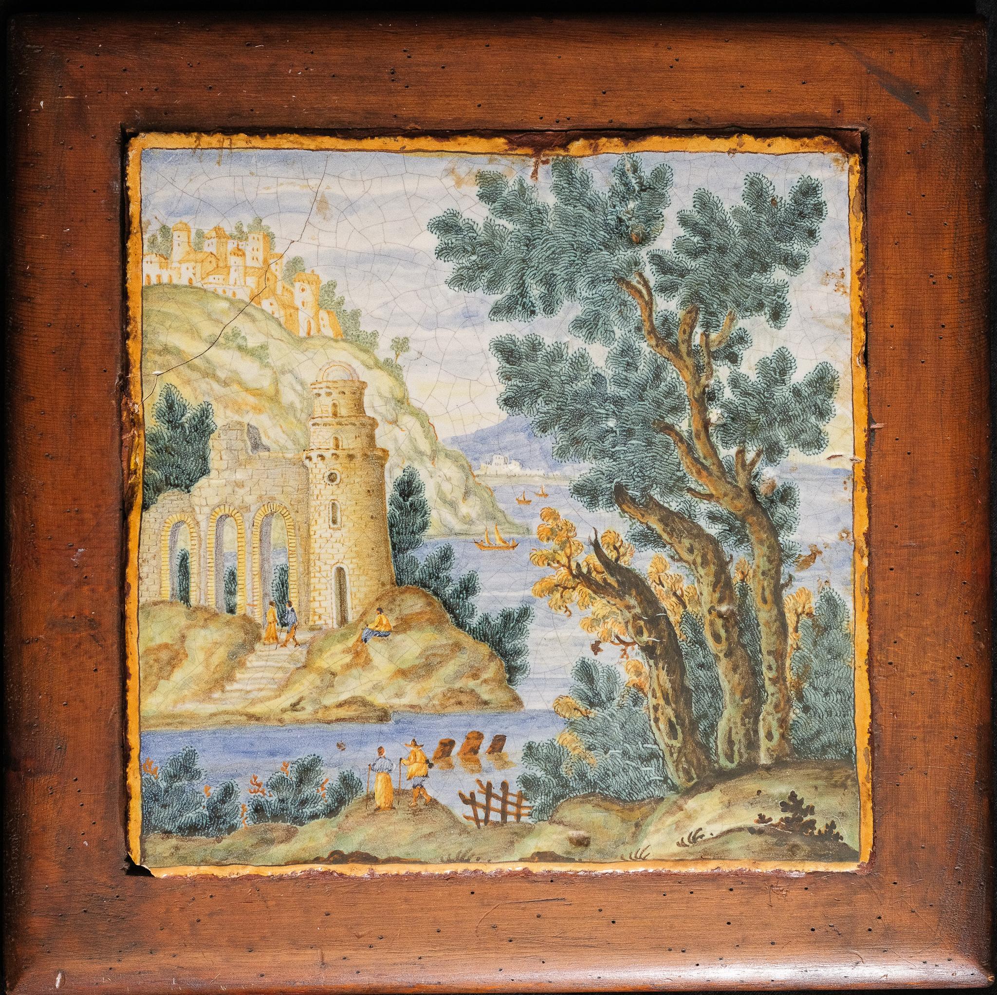 Plaque Castelli Maiolica avec château médiéval Village Italie Arbres méditerranéens - Renaissance Art par Unknown