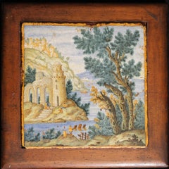 Castelli Maiolica Plaque with Medieval Castle Village Italy Mediterranean Trees