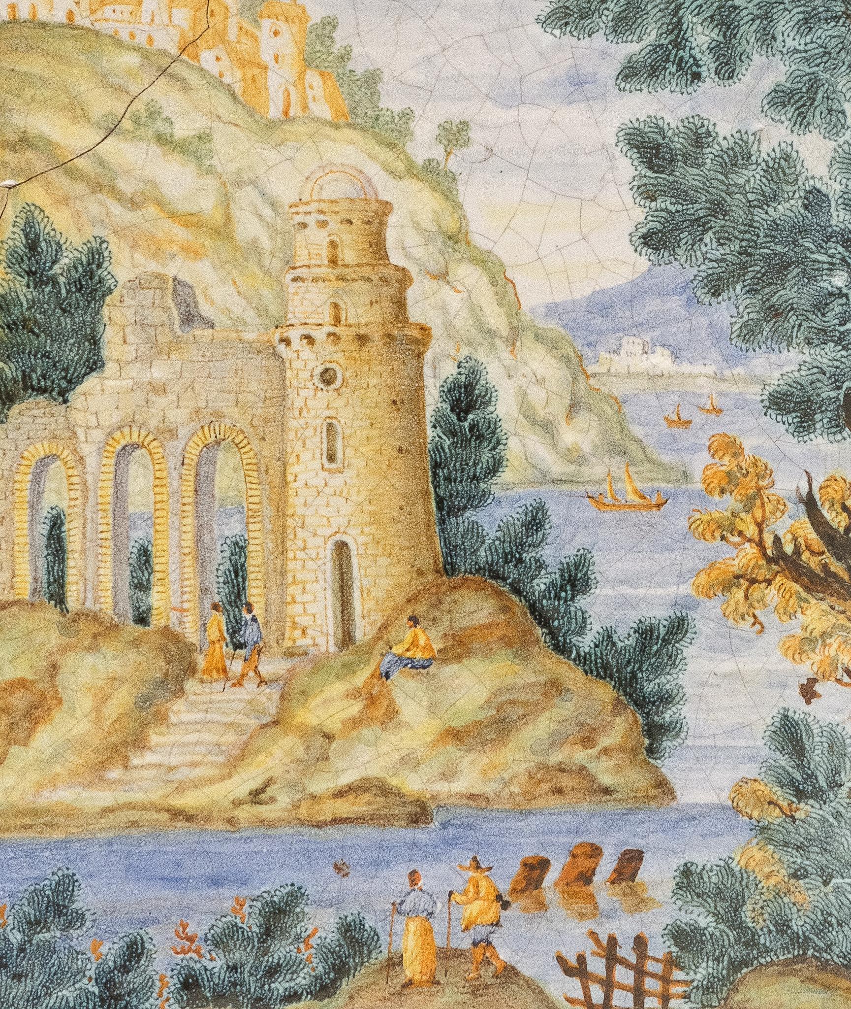 Plaque Castelli Maiolica avec château médiéval Village Italie Arbres méditerranéens en vente 1