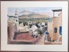 "Pyrgos Beyond" Watercolor Painting of Town in Greece Architecture Mountains