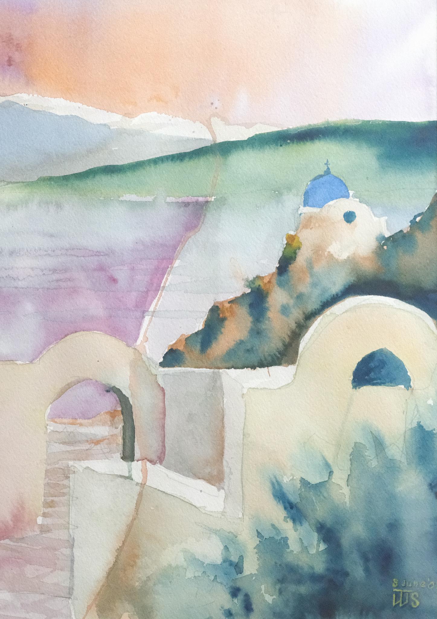 Taille de la page : 15 x 22 in.
Taille du cadre : 20 x 27 pouces.
Signé, en bas à droite.
Cette aquarelle brillante capture l'architecture emblématique et la lumière dramatique des îles grecques avec un style expressif et abstrait. Le premier plan